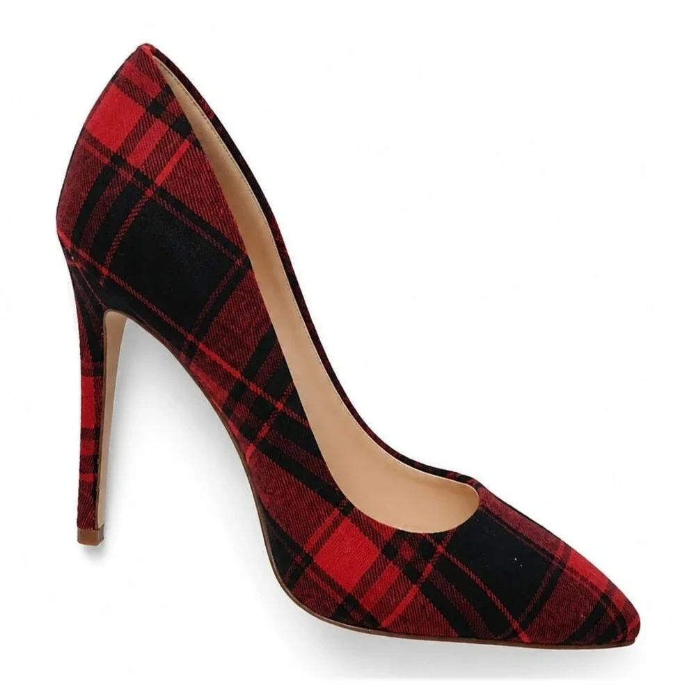 DESIGNER JESSICA SIMPSON RED/BLACK PLAID FABRIC POINTED TOE HIGH HEEL PUMPS 9.M